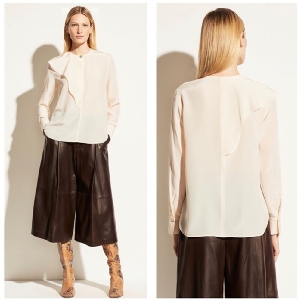 Vince Asymmetric Flutter Silk Blouse Womens 12 Long‎ Sleeve Neutral Office